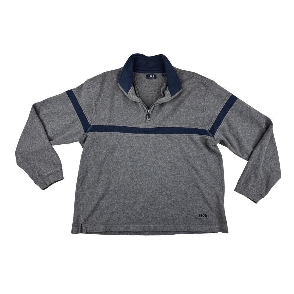 IZOD Jeans Quarter Zip Pullover Mens XL Grey Navy Blue Striped Preppy‎ Sweater